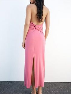 Fitted Pink Dress With Back Opening, Chic Pink Backless Maxi Dress, Pink Summer Dress With Back Opening, Summer Pink Dress With Back Opening, Pink Stretch Backless Dress, Pink Long Dress With Tie Back, Pink Backless Dress For Casual Occasions, Pink Sleeveless Dress With Back Opening, Pink Midi Length Backless Dress For Night Out