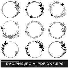 six circular frames with flowers and butterflies