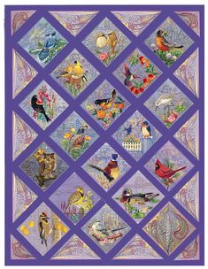 a quilt with many birds on it and purple squares around the edges, all in different colors