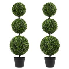 three potted plants are arranged in the shape of balls on top of each other