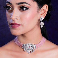 Pink Rose Quartz Silver Crystal Diamond Choker Necklace, Indian Handmade Jewelry, Indian CZ Ruby Polki Emerald Bridal Opal Necklace Indian Opal Silver Plated Ruby Beaded Sapphire Bridal Emerald Diamond Rose Quartz Choker Necklace made of genuine brass, which gives it an elegant look. It is studded with Ruby, Emerald, Opal, Rose Quartz & Cubic Zirconia Stones. It has been evergreen in Indian jewelry. Best suitable for Wedding Jewelry /Party Wear / Fashion Wear/Festive Wear for Any Occasion. This Diamond Choker Necklace Indian, Choker Necklace Indian, Quartz Choker, Diamond Choker Necklace, Necklace Indian, Jhumki Earrings, Pink Rose Quartz, Diamond Choker, Crystal Diamond