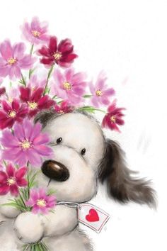 a drawing of a dog with flowers in its mouth