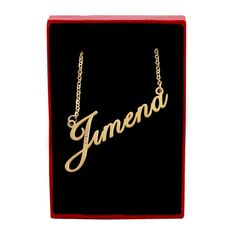 "Name Necklace Pendant and Chain A Wonderful Gift for Mother's Day, Birthdays, Thank You, Wedding, Engagement or any other Special Occasion *~ Comes with Free Gift Box & Gift Bag ~* Exceptionally High Quality Solid Product at an Amazing Price! Necklace Thickness : 3mm approx Necklace Height : 12-20mm approx Necklace Width : 30mm to 70mm approx, depends on how many letters are in the name. Weight : 5g to 10g depending on the length of the name. Chain : 18ct Gold Plated Chain Length : 19\" app Name Chain, Custom Name Necklace, Box Gift, Box Bag, Christmas Gifts For Her, Gold Plated Chains, Custom Bags, Name Necklace, Free Jewelry