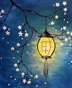 a painting of a lantern hanging from a tree branch with white flowers in the background