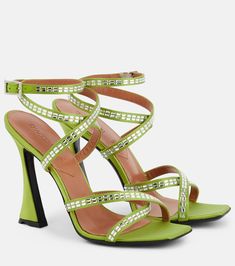 Carre Embellished Satin Sandals in Green - D Accori | Mytheresa Glamorous Embellished Sandals With Open Heel, Glamorous Embellished Open Heel Sandals, Crystal Embellished Open Heel Sandals For Gala, Embellished Sandals For Summer Gala, Embellished Sandals For Gala In Summer, Summer Gala Embellished Sandals, Luxury Rhinestone Sandals For Spring, Luxury Crystal-embellished Heels For Summer, Designer Rhinestone Sandals With Open Heel