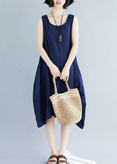 Style navy sleeveless cotton clothes wild A Line summer Dresses - SooLinen Casual Navy Summer Dress, Navy Linen Summer Dress, Summer Indigo Linen Dress, Indigo Sleeveless Dresses For The Beach, Casual Navy Sleeveless Dress For Spring, Blue Sleeveless Linen Dress For Spring, Sleeveless Blue Linen Spring Dress, Sleeveless Linen Dress For Summer, Sleeveless Ramie Linen Summer Dress