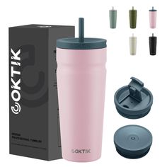 the pink tumbler is next to its packaging and other items for it's contents