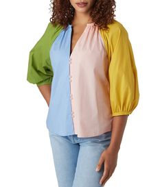 CROSBY by Mollie Burch 3/4 Balloon Sleeve Split V-Neck Button Front Color Block Rives Top | Dillard's 4 Balloon, Spring Look, Spring Tops, Spring Looks, Reduce Wrinkles, Dillard's, New Arrival Dress, Balloon Sleeves, Hip Length