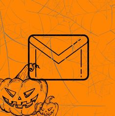 an orange background with a drawing of a pumpkin and an envelope