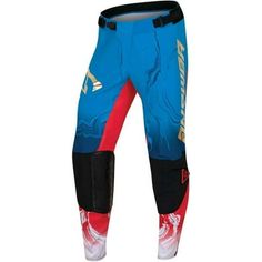 a pair of blue and red pants with white lettering on the bottom, one leg