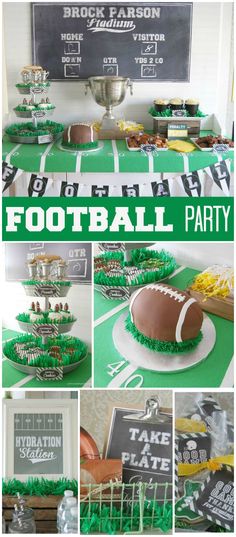 a football party with green and white decorations