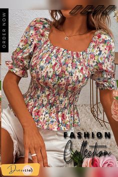 Women's Elegant Bodycon Blouses Top Summer Casual Print Square Neck Gathered Short Sleeve Floral Short Shirts Women Blouses Feminine Fitted Multicolor Tops, Fitted Feminine Multicolor Tops, Non-stretch Multicolor Floral Print Tops, Multicolor Floral Print Non-stretch Top, Non-stretch Multicolor Floral Print Blouse, Fitted Floral Print Blouse For Summer, Trendy Fitted Floral Print Blouse, Fitted Printed Summer Blouse, Fitted Casual Blouse With Floral Print