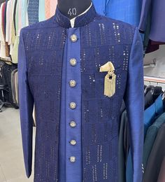 This is a Premium Sherwani by Golden Attire crafted from high quality fabric and imported materials. Our products are handcrafted by experienced tailors who make sure the that the stitching is precise, lining is proper and the overall product is sturdy enough to not go out of shape for more than a few years. Also all our products have extra margins in their length, sleeves, sides so it's easily alterable if your size changes after some time. To see more available colours and designs in this coll Groom's Diwali Suit With Zari Work, Festive Sherwani For Groom With Zari Work, Embroidered Sets For Groom With Traditional Drape, Embroidered Groom's Sets With Traditional Drape, Designer Sherwani With Zari Work For Reception, Designer Dabka Sherwani For Reception, Designer Reception Sherwani With Zari Work, Embroidered Traditional Drape Sets For Groom, Eid Sets With Zari Work For Groom