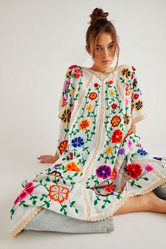 Bella Flor Embroidered Kaftan | Free People Floral Fashion Aesthetic, Clothing Repurpose, Kaftan Jacket, Boho Decorating, Embroidery Clothes, Embroidered Caftan, Embroidered Kaftan, Artsy Outfit, Hand Embroidered Flowers