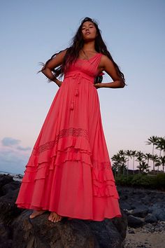 Femme beachy maxi from our free-est collection featuring a dramatic tiered skirt, crochet lace insets and a drawstring waist. * Tassel drawstring * Semi-sheer accents * Flowy fit | Santa Maria Maxi Dress by free-est at Free People in Orange, Size: XS Extra Dresses, Watermelon Wedge, Skirt Crochet, Coral Maxi Dresses, Free People Maxi Dress, Red Dress Maxi, Coral Dress, Flowy Maxi Dress, Lace Inset