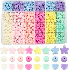 colorful beads and star shapes in a plastic container with other items to make it look like they