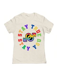 COMFY & COOL:  This is a licensed product by THREADLESS © Copyright 2024. Made of great-quality materials that are durable, comfortable, and easy to care for. Whether you're looking for a funny, inspirational, or pop-culture-inspired graphic tee shirt, we've got you covered.Nearly There Stay True, Stay You - Lgbt Rainbow Typography Design Graphic Ladies Cotton T-Shirt Beige Casual  Short Sleeve  Cartoon,Letter    Women Clothing, size features are:Bust: ,Length: ,Sleeve Length: Rainbow Typography, Cartoon Letters, Graphic Tee Shirt, Stay True, Graphic Design Typography, Graphic Tee Shirts, Typography Design, Cotton T Shirt, Women Clothing