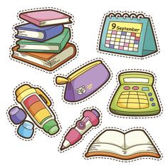 various school supplies stickers on a white background stock photo, clipping and illustration