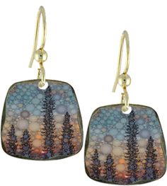 two square shaped earrings with trees and bubbles in the center, on a white background