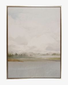 an abstract painting with water and clouds in the background