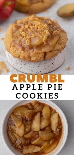 an apple pie cookie with caramel on top and crumbled apples in the middle