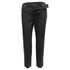 Charcoal virgin wool straight-leg pants by Prada. Circa 2018. Belt at waist. Side zip closure. 33" waist, 34" hips, 25" inseam, 4" rise, 34.5" length. Belted Pants, Belt Size, Straight Leg Pants, Side Zip, Prada, Straight Leg, Fashion Outfits, Wool, Pants