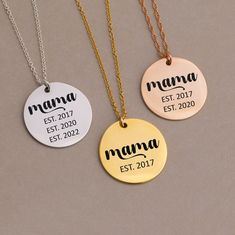 "MAMA est. Custom Engraved Necklace Gold, Christmas Kids Birthdays on Charm, Unique Rose Gold Necklace for Women, Engraved Disc Pendant 🌿 A beautiful laser engraved mirror finish round disc charm hanging from a real high quality 14k gold filled or 925 sterling silver chain. We offer a large collection of engraved disc charm necklaces so be sure to checkout all our options for Mother, Graduates, Nurses, Teachers and much more!  CLICK HERE FOR MORE OPTIONS: http://www.etsy.com/shop/delezhen?ref=condensed_trust_header_title_sold&section_id=37635303 Every piece arrives packaged on a custom card inside of an elegant box, complete with a polishing cloth & care instructions. These necklaces are meant to be gifted! H O W ∙ T O ∙ O R D E R 1st DROP DOWN menu * Select the METAL FINISH you would lik Adjustable Stainless Steel Necklace For Mother's Day, Customizable Rose Gold Charm Necklace For Birthday, Customized Rose Gold Necklaces As Gifts, Customized Rose Gold Necklace As Gift, Customizable Stainless Steel Necklaces - Gift For Mom, Customizable Stainless Steel Necklaces As Gift For Mom, Customizable Adjustable Necklaces For Gifts, Laser Engraved Rose Gold Jewelry For Gifts, Mother's Day Stainless Steel Laser Engraved Jewelry