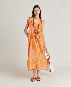 Sleeveless midi dress in printed haboutai silk. v neck with gathers on the front.    sku: 241mmodr012 24103mo 3549    color: orange/fuchsia Summer Orange V-neck Midi Dress, Multicolor V-neck Midi Dress With Vibrant Print, Vibrant V-neck Midi Dress With Vibrant Print, Orange V-neck Maxi Dress For Daywear, Orange V-neck Printed Midi Dress, Multicolor Viscose V-neck Midi Dress, Ribbed Skirt, Perfect White Tee, Sweater Jumpsuit