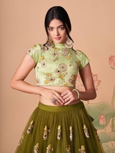 Olive Green Lehenga, A Line Lehenga, Flared Lehenga, Dori Work, Mirror Work Lehenga, Embroidery Mirror, Mirror Work Blouse, Lehenga Fabric, Stitched Lehenga