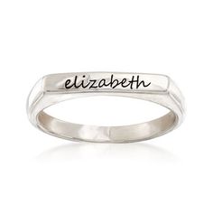 Ross-Simons - Sterling Silver Flat-Top Script Name Ring Size 7. Chic and on-trend, this ring serves full-on style in a way that's still delicate and minimal. The flat-top ring is crafted in polished sterling silver, and can be engraved for free with a name of your choice, up to ten characters. Script type, all lowercase for a modern look you'll love. Also features enamel. 1/8" wide. Sterling silver script name ring. Minimalist Engraved Ring With Polished Finish, Personalized Modern Stackable Rings, Modern Personalized Stackable Rings, Monogram Ring Gold, Initial Tag Necklace, Silver Initial Charms, Cultured Pearl Bracelet, Sterling Silver Name Necklace, Silver Monogram