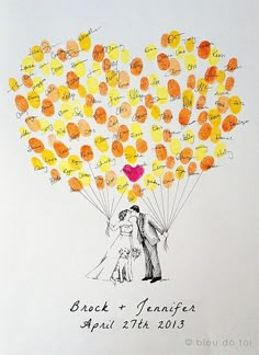 a drawing of a bride and groom holding balloons with the names of their wedding day written on them