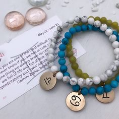 It's all about the "signs" with our Zodiac Bead Bracelet. These beaded beauties look great alone and even better in a bracelet stack. Mix and match and make them your own. They're perfect for gifting too, each bracelet comes ready to gift in our logo linen logo pouch and includes a zodiac card. 6mm gemstone beads hand cast bronze zodiac charms (1/2 inch) Zodiac Card + burlap logo bag included Ready to gift!! Ships within 1 to 2 business days. Zodiac Beaded Bracelet, Zodiac Cards, Different Zodiac Signs, Zodiac Bracelet, Bags Logo, White Howlite, Accessories Earrings, Initial Charm, Personalized Necklace