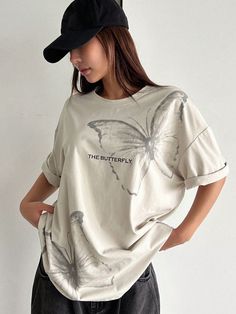 Women's Summer Butterfly And Letter Print Round Neck Batwing Sleeve Loose Casual T-Shirt Apricot Casual  Short Sleeve Knitted Fabric Animal  Slight Stretch  Women Clothing, size features are:Bust: ,Length: ,Sleeve Length: Drop Shoulder Tee, Tees For Women, Women T Shirts, Casual T Shirt, Sleeves (women), White Casual, Batwing Sleeve, Butterfly Print, Kids Beachwear