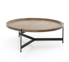 a round table with metal legs and a wooden tray on the top, against a white background