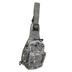 a gray and black camo sling bag on a white background with clippings