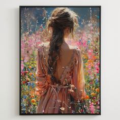 a painting of a woman standing in a field of wildflowers with her back to the camera