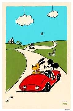 mickey mouse and pluto driving in a red car on a road with clouds above them