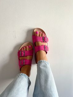 A Handmade pair of Slide Sandals for women in Fuchsia  Color that is made from 100% full grain leather and an anatomic type of sole that is made from Compressed Corc. The feet slides into the strpas and with my new soft cork sole, that gives extra style and comfort to your everyday steps. Find them at Christina Christi Store. 👉 My Sandals Collection: https://etsy.me/2FQQkCP 👉 Express Shipping: https://etsy.me/3ikUnOM MATERIALS - 100% Greek Leather in  Summer colors - 100% Handmade Sandals - Al Pink Sandals With Textured Footbed For Beach, Pink Textured Sandals For The Beach, Pink Slide Sandals With Cushioned Footbed, Pink Sandals With Cushioned Footbed For Vacation, Pink Flat Sandals With Textured Footbed, Pink Flat Footbed Sandals For The Beach, Pink Footbed Sandals For Vacation, Pink Cushioned Sandals For Vacation, Casual Pink Footbed Sandals For Vacation