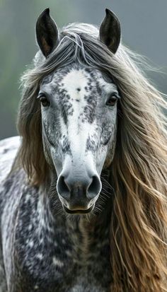 a black and white horse with long hair on it's head, looking at the camera