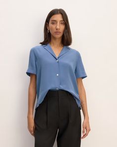 The Washable Clean Silk Short-Sleeve Notch Shirt French Blue – Everlane Classic V-neck Blouse With Relaxed Fit, Classic V-neck Relaxed Fit Blouse, Classic V-neck Shirt With Relaxed Fit, Formal Tops With Placket In Relaxed Fit, Formal Tops With Placket And Relaxed Fit, Classic Short Sleeve Top For Everyday Summer Wear, Classic Short Sleeve Top For Summer, Modern Short Sleeve Blouse For Business Casual, Effortless Solid Collared Top