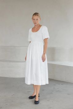 White Alana Dress — Prism Boutique Spring Mid-length Dress With Pleated Waist, Fitted Waist Maxi Dress For Daywear, Flowy Cotton A-line Midi Dress, Billowy Maxi Dress For Daywear, Billowy Cotton Dress For Brunch, Casual A-line Midi Dress With Smocked Back, Chic Midi Dress With Pleated Waist, Cotton Billowy Dresses For Brunch, Elegant A-line Dress With Relaxed Fit