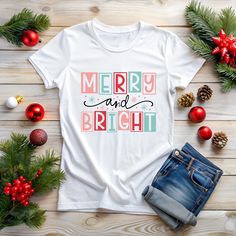 Merry And Bright Shirt,Christmas T-shirt,Merry and Bright TShirt,Holiday ShirtFamily Christmas Shirt,Christmas Party Shirt,Merry Christmas, Family Christmas Shirts Vinyl, Christmas Shirts Vinyl, Merry And Bright Shirt, Cricut Hacks, Christmas Party Shirt, Merry Bright Christmas, Christmas Party Shirts, Leopard Shirt, Custom Made Shirts