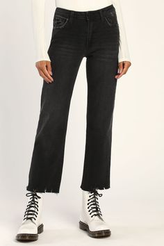 Just Black Jeans - Raw Hem Black Jeans - Straight Leg Jeans - Lulus Mid-rise Black Pants With Frayed Hem, High Rise Black Cropped Jeans With Frayed Hem, Black High Rise Cropped Jeans With Frayed Hem, Black High-rise Cropped Jeans With Frayed Hem, Spring Mid-rise Black Cropped Jeans, Black Cropped Jeans With Frayed Hem For Fall, Trendy Black Cropped Jeans With Frayed Hem, Black High Waist Relaxed Fit Cropped Jeans, Fitted Washed Black Bottoms With Frayed Hem