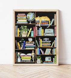 a bookshelf filled with lots of books on top of wooden shelves next to a white wall