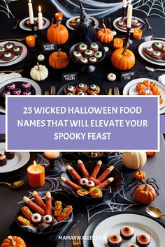 Halloween-themed table with spooky treats like witches' fingers and monster eyes surrounded by candles and pumpkins. Thanksgiving Parties