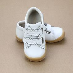 Marisa White Toddler Girls Scalloped Double Strap Leather Sneaker with Bumper - Petitfoot.com Chic Sneakers, Toddler Sneakers, Scalloped Trim, Sporty Chic, Trim Detail, Toddler Sizes, Toddler Girls, On Off, Leather Sneakers