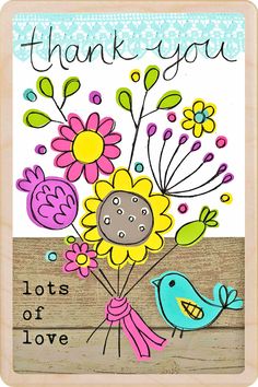 a thank card with flowers and birds on the front saying,'thank you lots of love