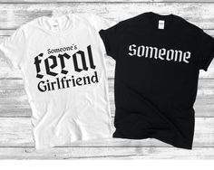 Show off your wild side with this stylish couples shirt set! Featuring bold Gothic fonts, these shirts are perfect for dynamic duos who love to make a statement. Each shirt is sold individually, so you can mix and match to create the perfect pair. Whether you're "Someone's Feral Girlfriend" or just "Someone," these shirts are designed to complement your unique relationship. Perfect for photoshoots, casual outings, or just lounging together. Available in multiple sizes and colors. The unisex soft Cute Couples Shirts Ideas, Matching Couple Shirts Funny, Couples Shirts Funny, Couple Shirts Relationships, Couples Shirts Matching, Couple Shirts Funny, Stylish Couples, Cute Couple Shirts, Funny Couple Shirts