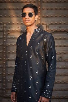 Black straight kurta featuring chikankari embroidery all over with mirror detailing. Paired with a solid salwar. - Aza Fashions Black Chikankari Kurta, Salwar For Men, Black Kurta, Chikankari Kurta, Chikankari Embroidery, Men Kurta, Salwar Pattern, Dupion Silk, Straight Kurta