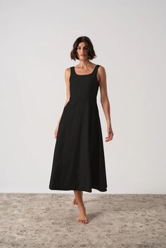 Ionia Linen Midi Dress Black – LUXMII Spring H-line Dress With Flattering Silhouette, Summer Midi Dress With Flattering Silhouette And Straight Neckline, Summer Workwear H-line Dress, Summer Workwear Midi Dress With Fitted Bodice, Black Linen Dress, Travel Capsule, Midi Wrap Dress, Linen Midi Dress, Midi Dress Black